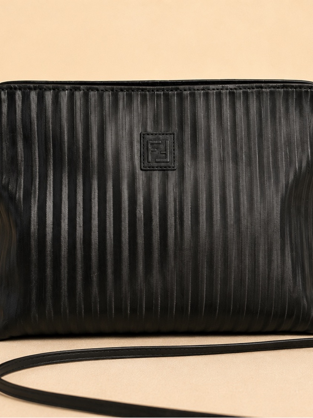 Vintage Fendi Late 1980s Black Ribbed Leather FF Logo Crossbody Bag